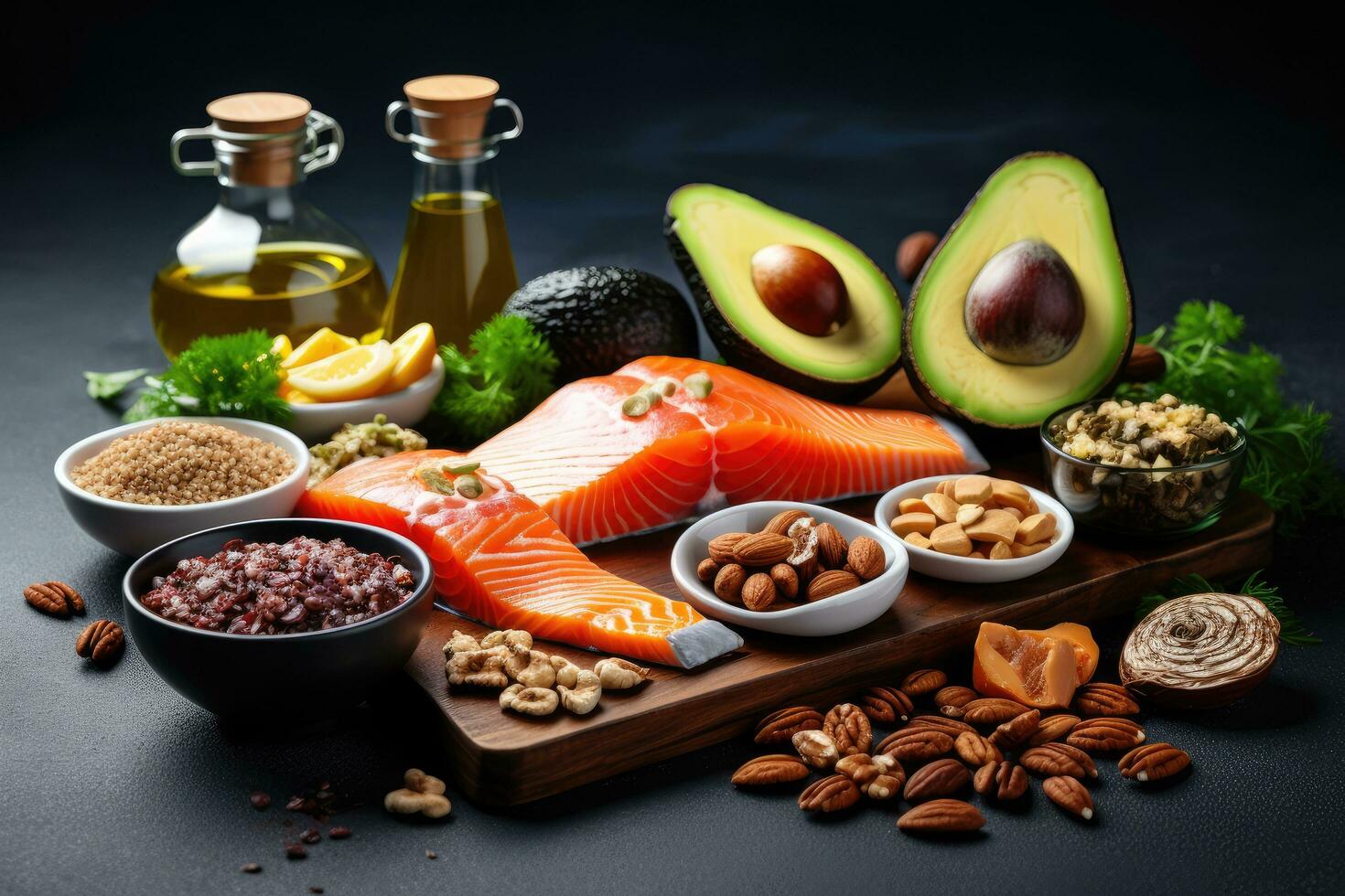 sano comida limpiar comiendo selección salmón, palta, nueces, semillas, omega 3, Semilla de lino petróleo en negro fondo, selección de sano comida fuentes de omega 3, natural fuentes de omega 3, ai generado foto