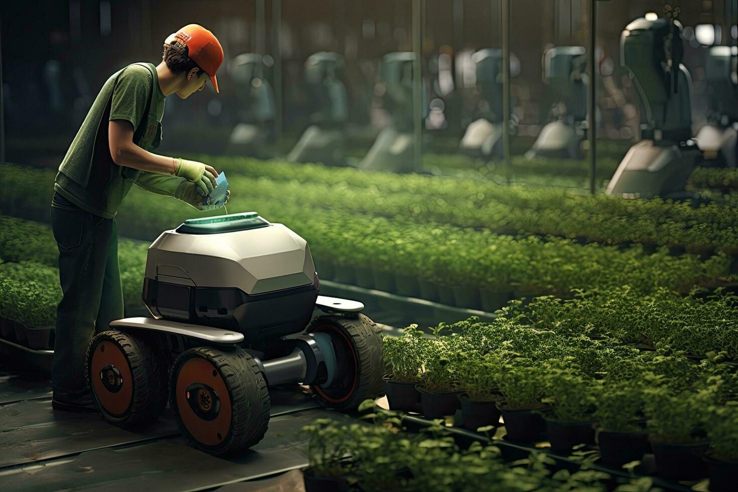 Young man working with lawnmower in greenhouse. Gardening concept, Robots farming fuman, AI Generated photo