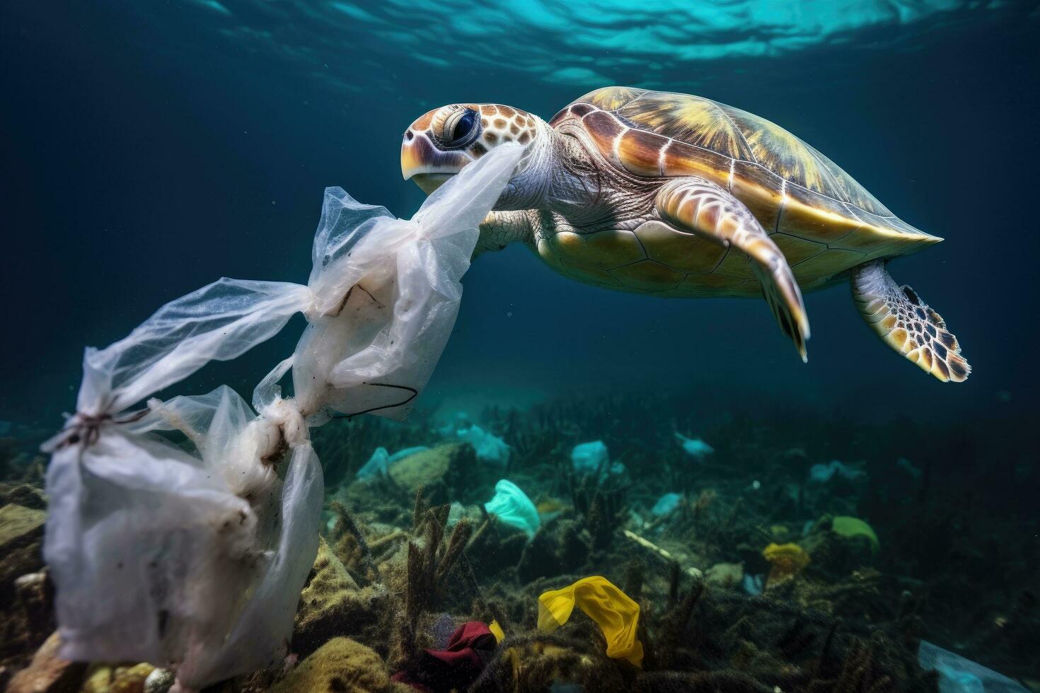 Green sea turtle and plastic bags on the bottom of the ocean, Sea turtle with plastic garbage in the ocean. Pollution of nature concept, AI Generated photo