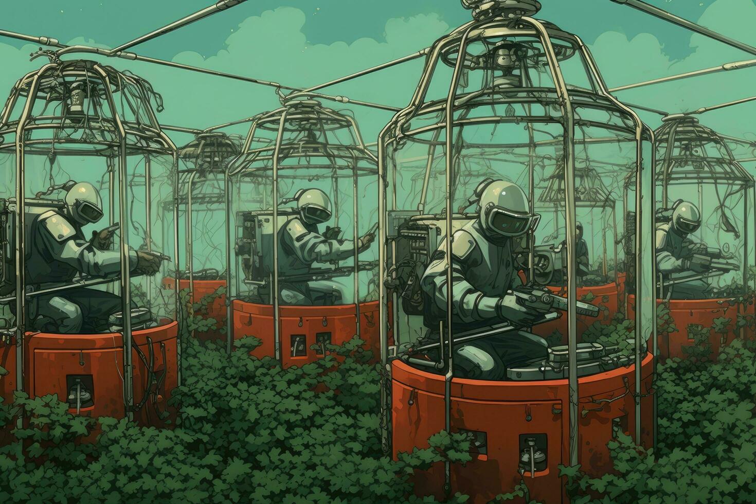Two astronauts are sitting on a cable car in the green forest, Robots farming fuman, AI Generated photo