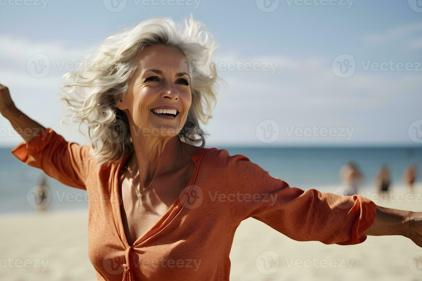 Happy mature woman at the beach, natural lifestyle, enjoying the sunny weather, Generative AI photo