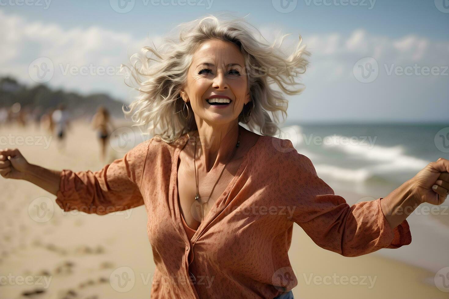 Happy mature woman at the beach, natural lifestyle, enjoying the sunny weather, Generative AI photo