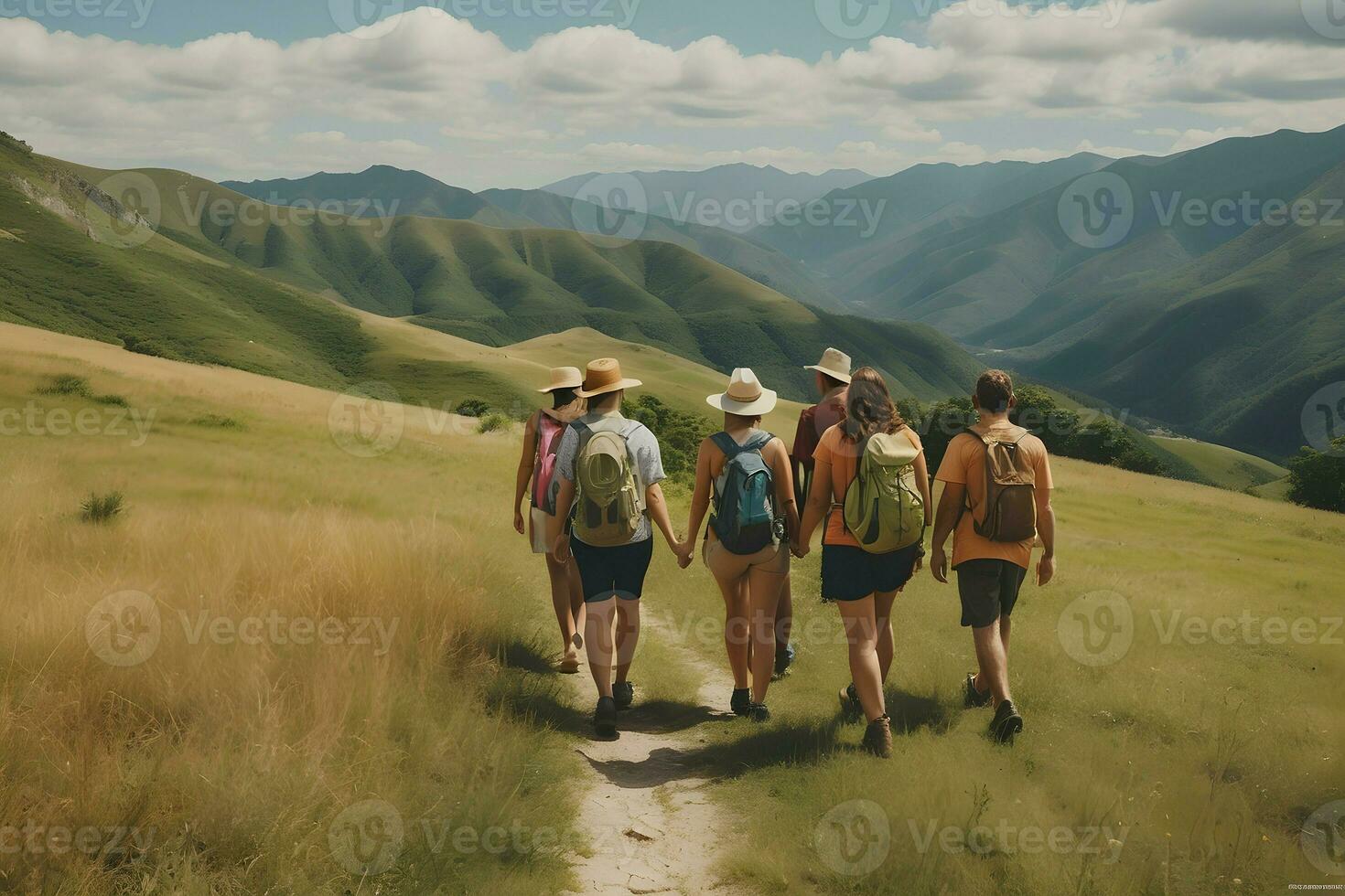 Hiker hiking together in the mountains in the vacation trip week, walking in the beautiful American nature, Generative AI photo