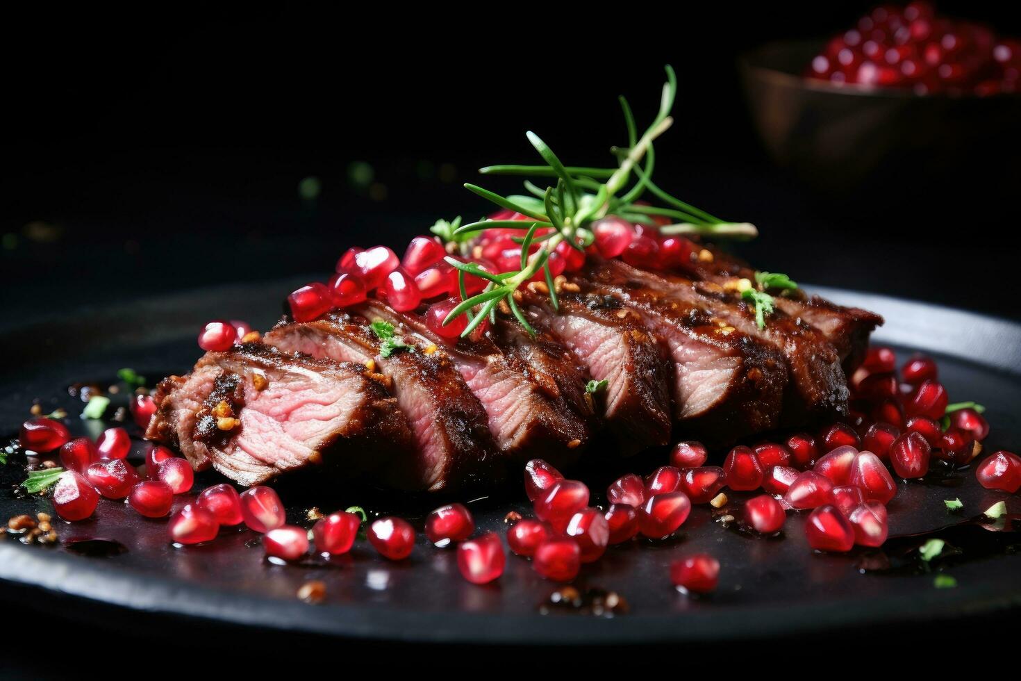 Grilled steak with pomegranate and rosemary on black plate, Roasted duck fillet with pomegranate seeds and herbs, AI Generated photo
