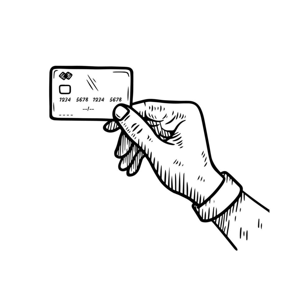 hand holding debit or credit card doodle sketch style illustration vector