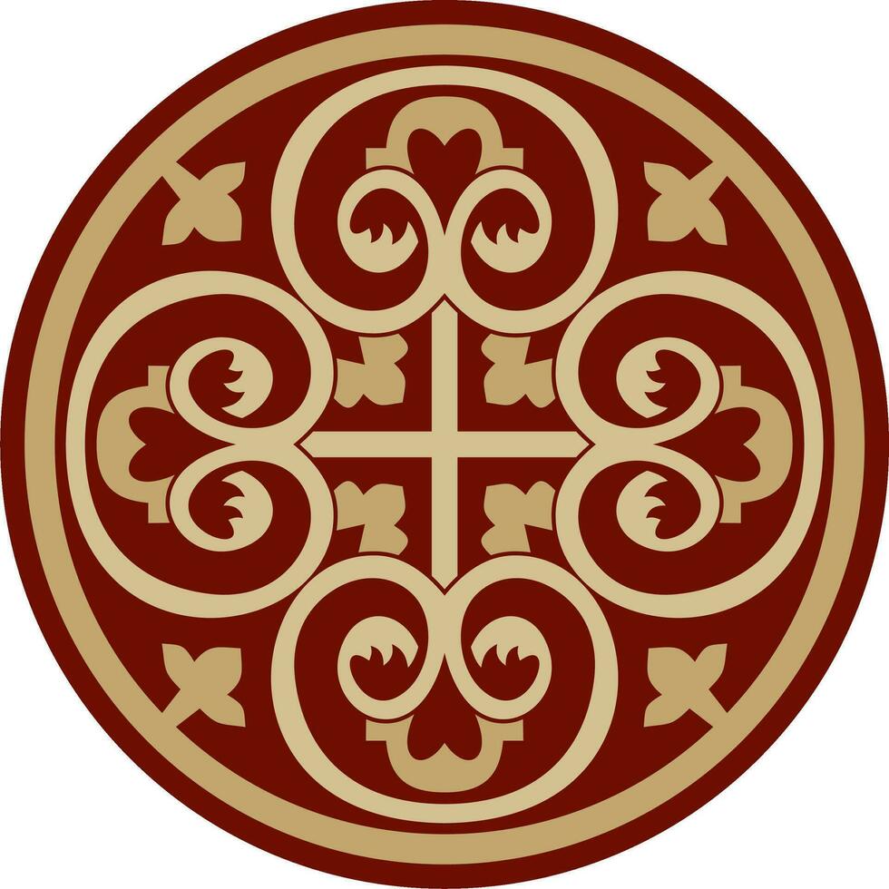 Vector gold and red round ancient Byzantine ornament. Classical circle of the Eastern Roman Empire, Greece. Pattern motifs of Constantinople