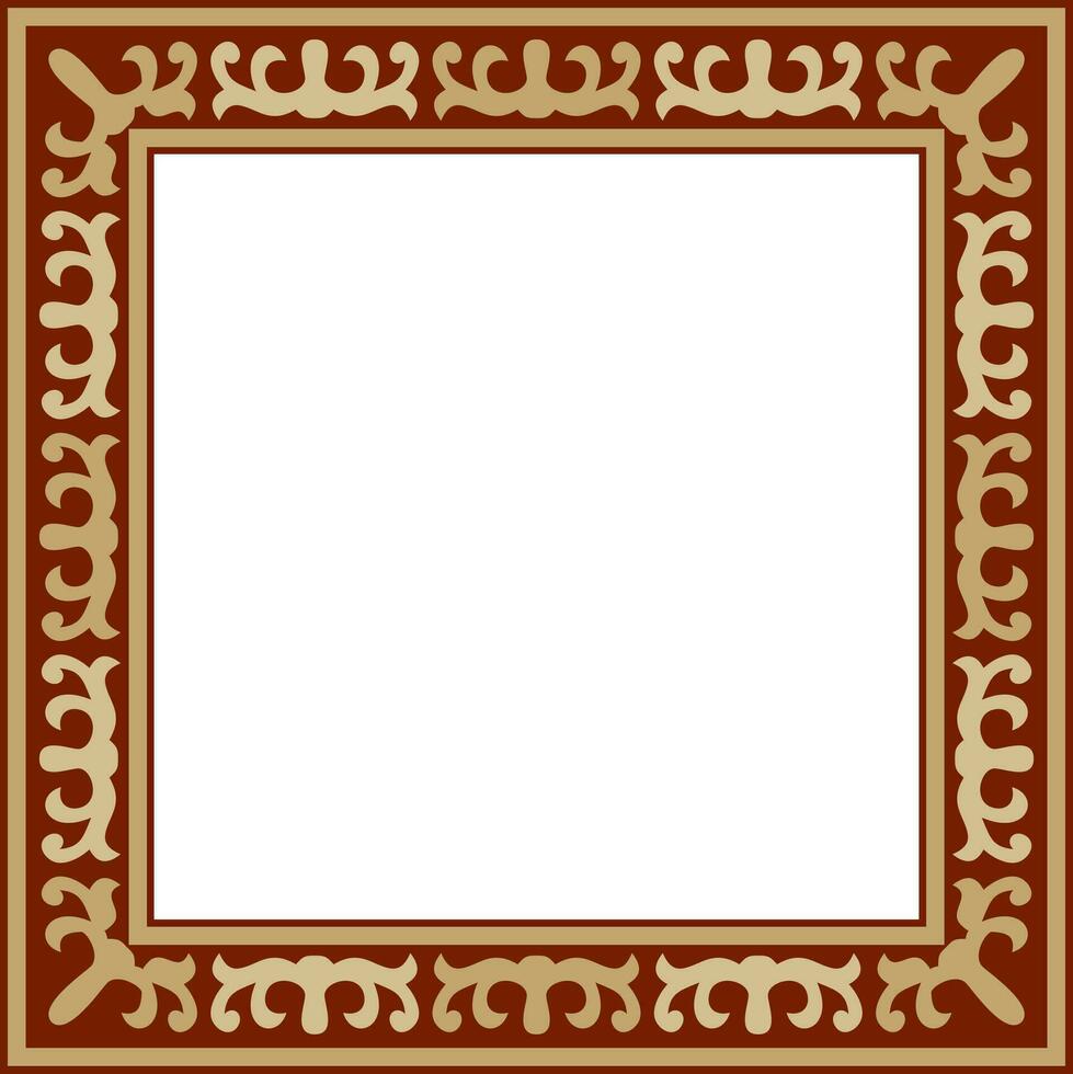 Vector red with gold Square Kazakh national ornament. Ethnic pattern of the peoples of the Great Steppe, Mongols, Kyrgyz, Kalmyks, Buryats. Square frame border