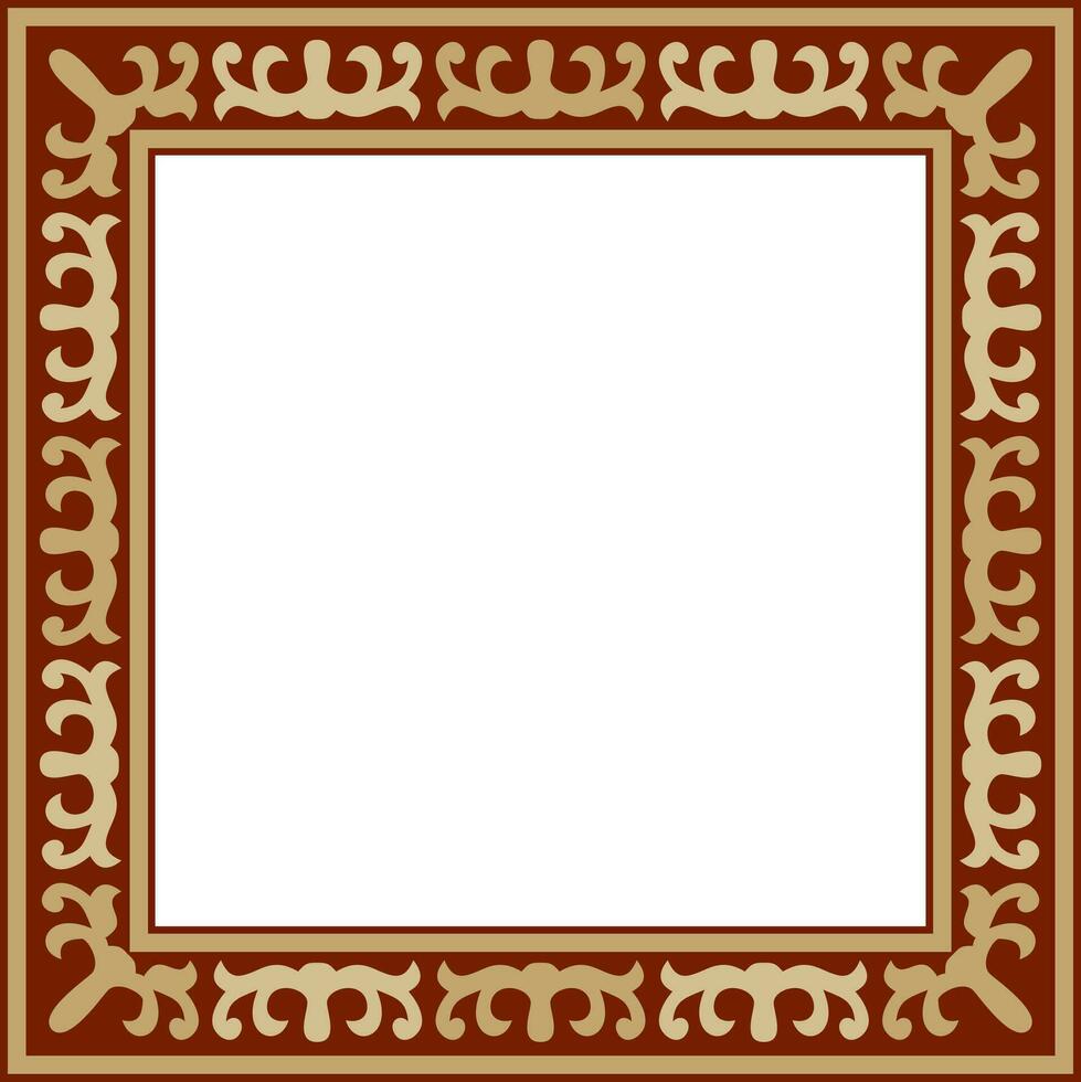 Vector red with gold Square Kazakh national ornament. Ethnic pattern of the peoples of the Great Steppe, Mongols, Kyrgyz, Kalmyks, Buryats. Square frame border