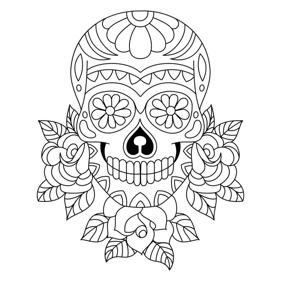 Mexican sugar skull isolated vector with flowers decoration for Day of the Dead coloring pages for kids page 6