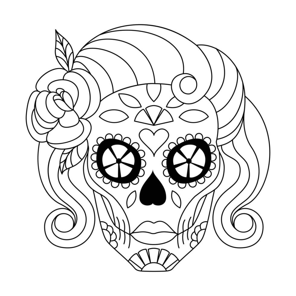 mexicano azúcar cráneo aislado vector con flores decoración para día de el muerto colorante paginas para niños página 3