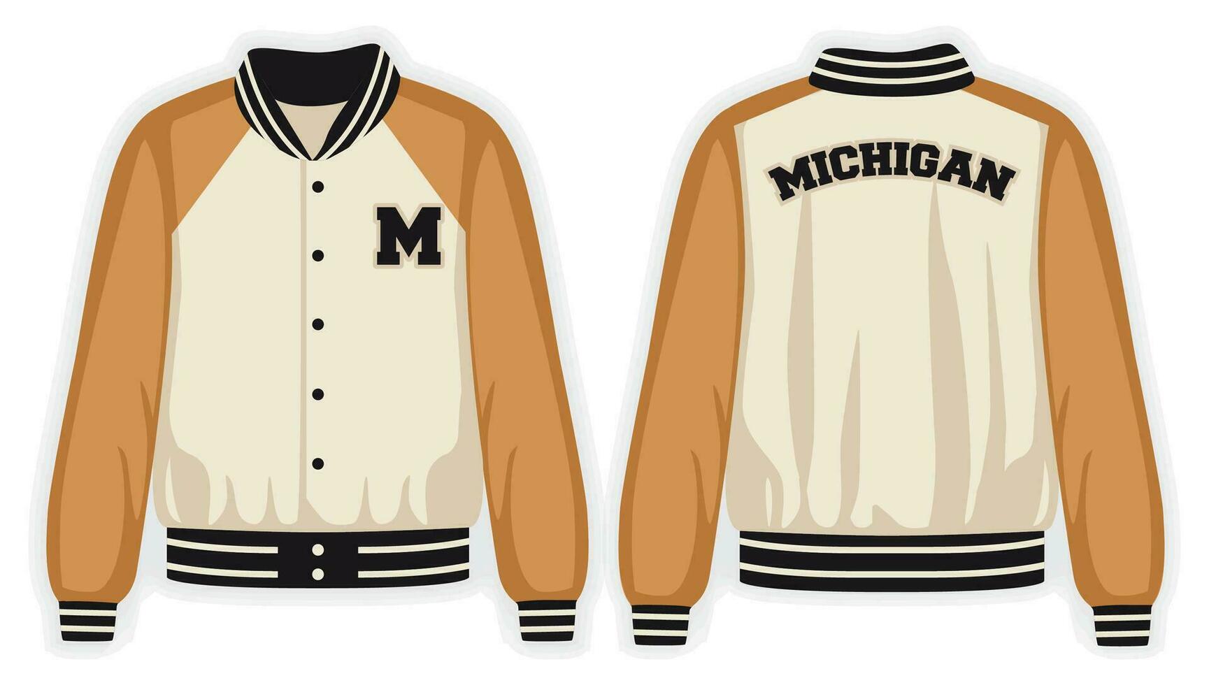 Beige orange varsity jacket front and back view, vector mockup illustration