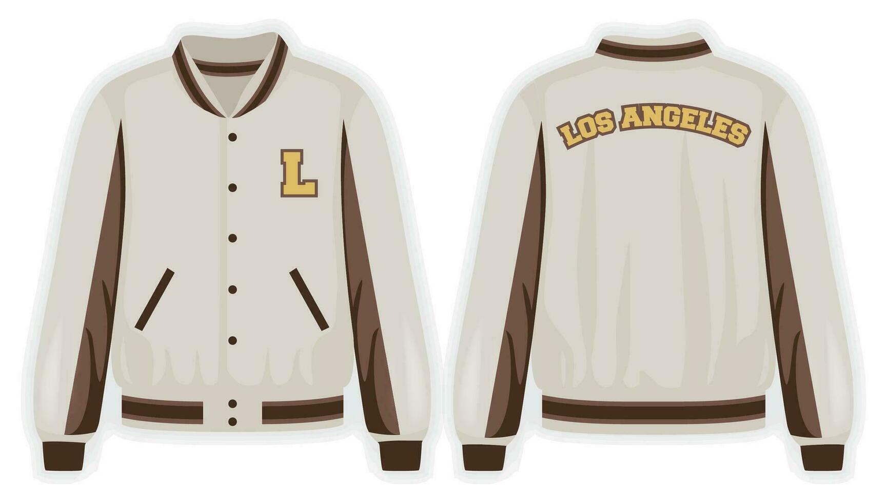 Beige brown varsity jacket front and back view, vector mockup illustration