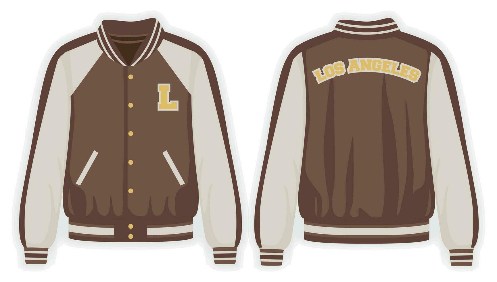 Beige brown varsity jacket front and back view, vector mockup illustration