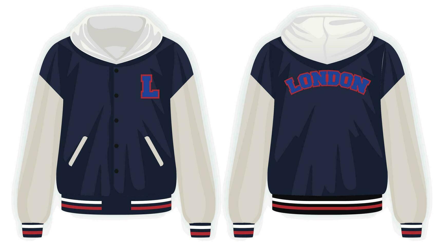 Beige dark blue varsity jacket front and back view, vector mockup illustration