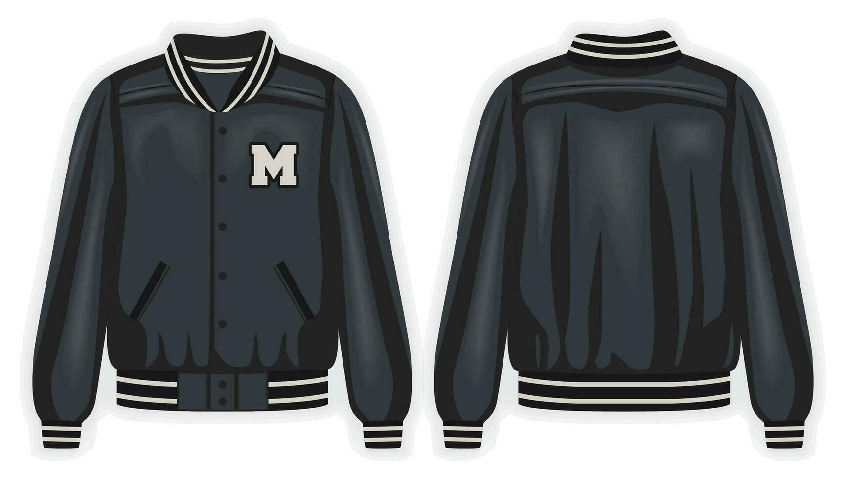 Black varsity jacket front and back view, vector mockup illustration