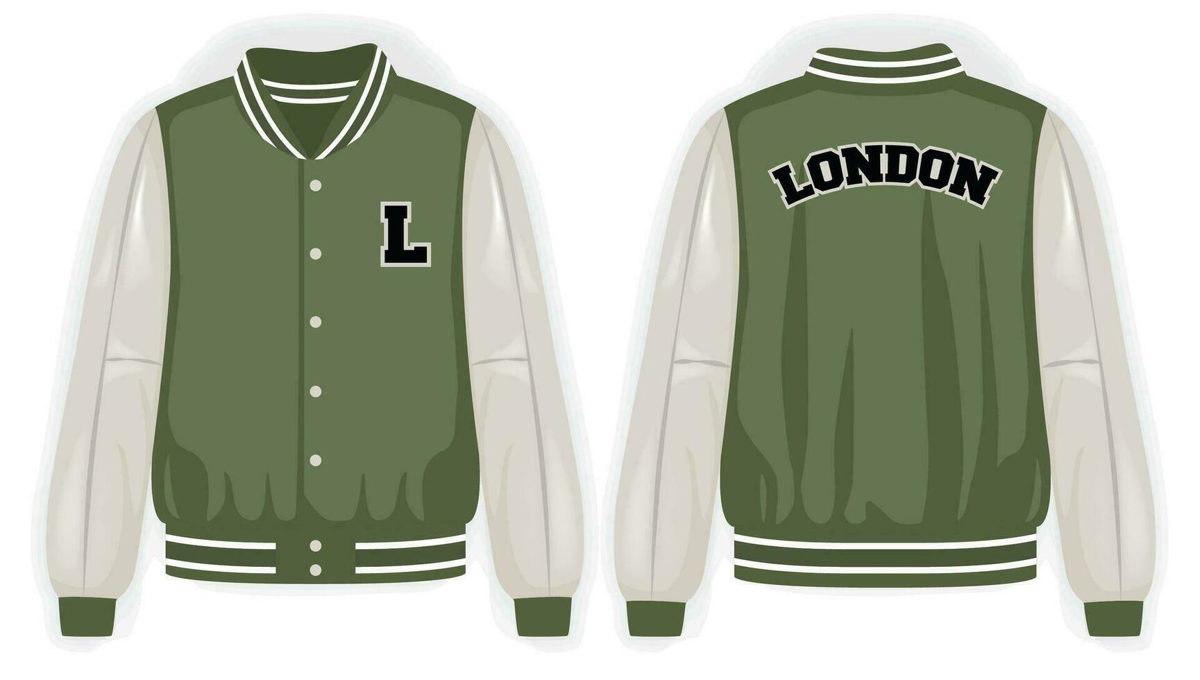 Beige green varsity jacket front and back view, vector mockup illustration