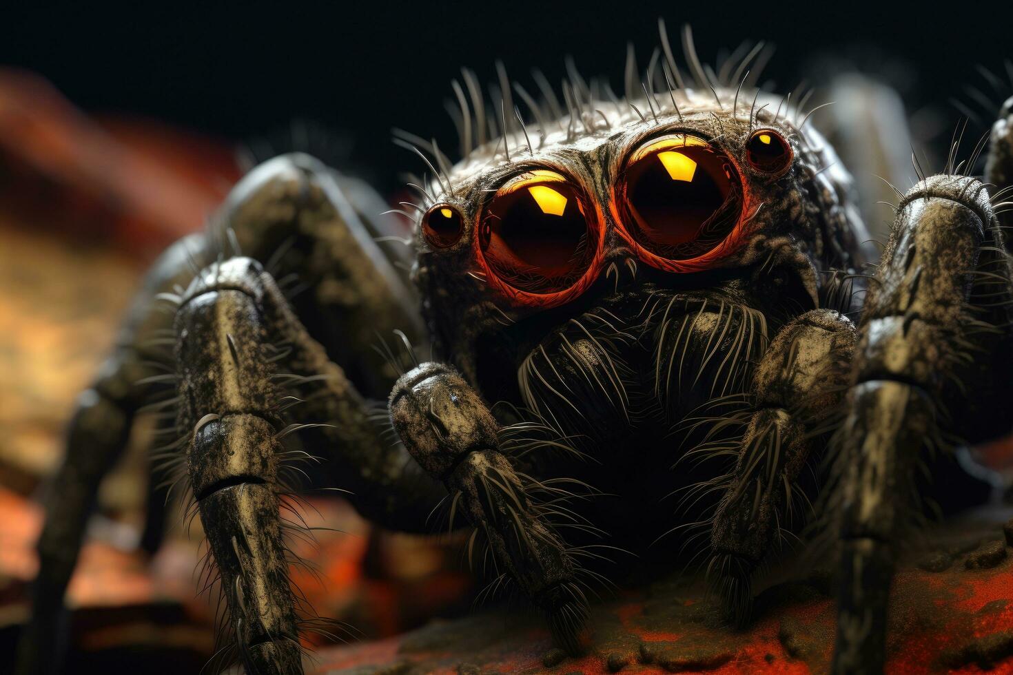 Close up of a jumping spider with orange eyes on a dark background, spider detail, macro lens, high details, photorealistic, cinematic lights, luminous eye , AI Generated photo