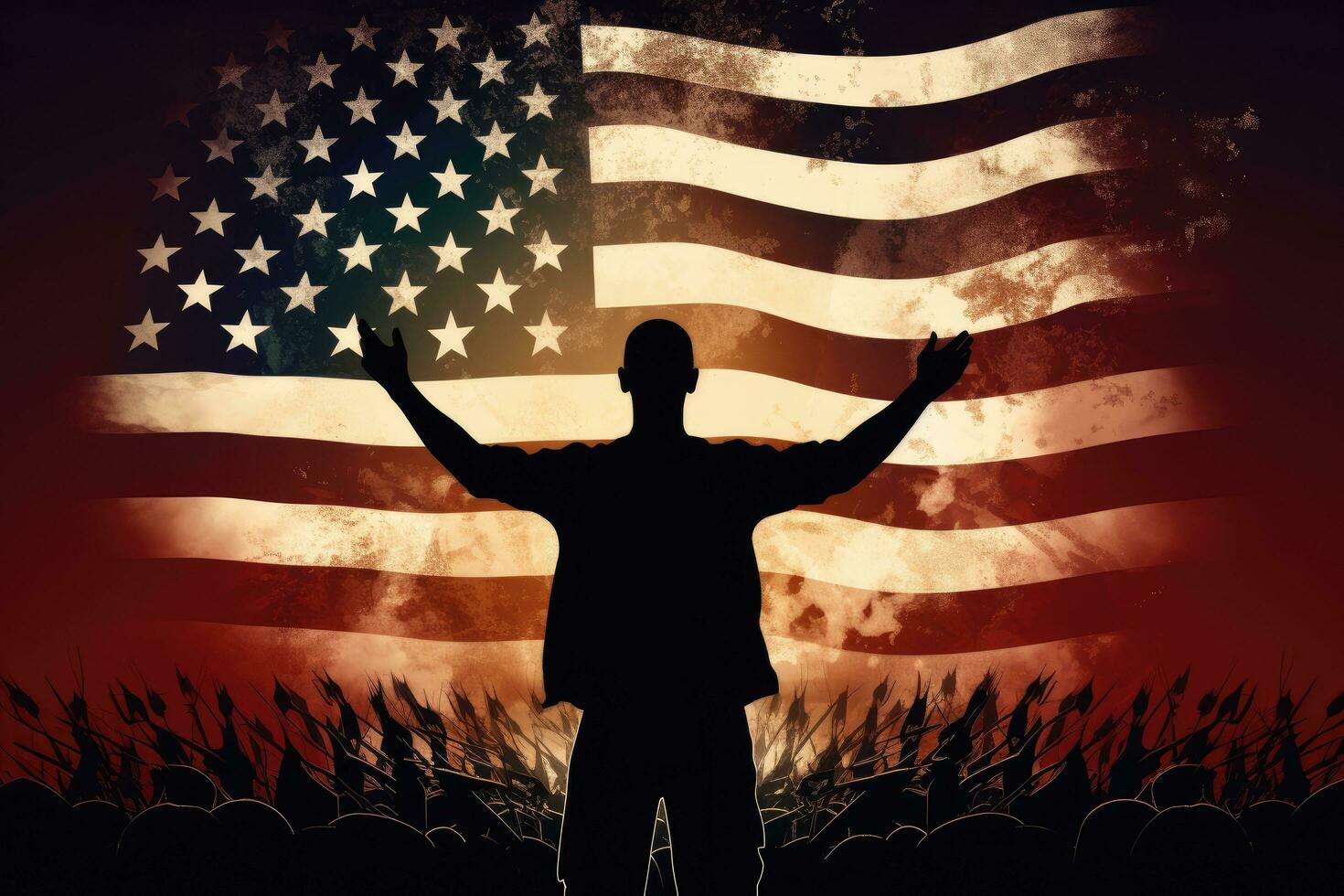 Silhouette of a man on a background of the American flag, Silhouette of arms raised waving a USA flag with pride, AI Generated photo