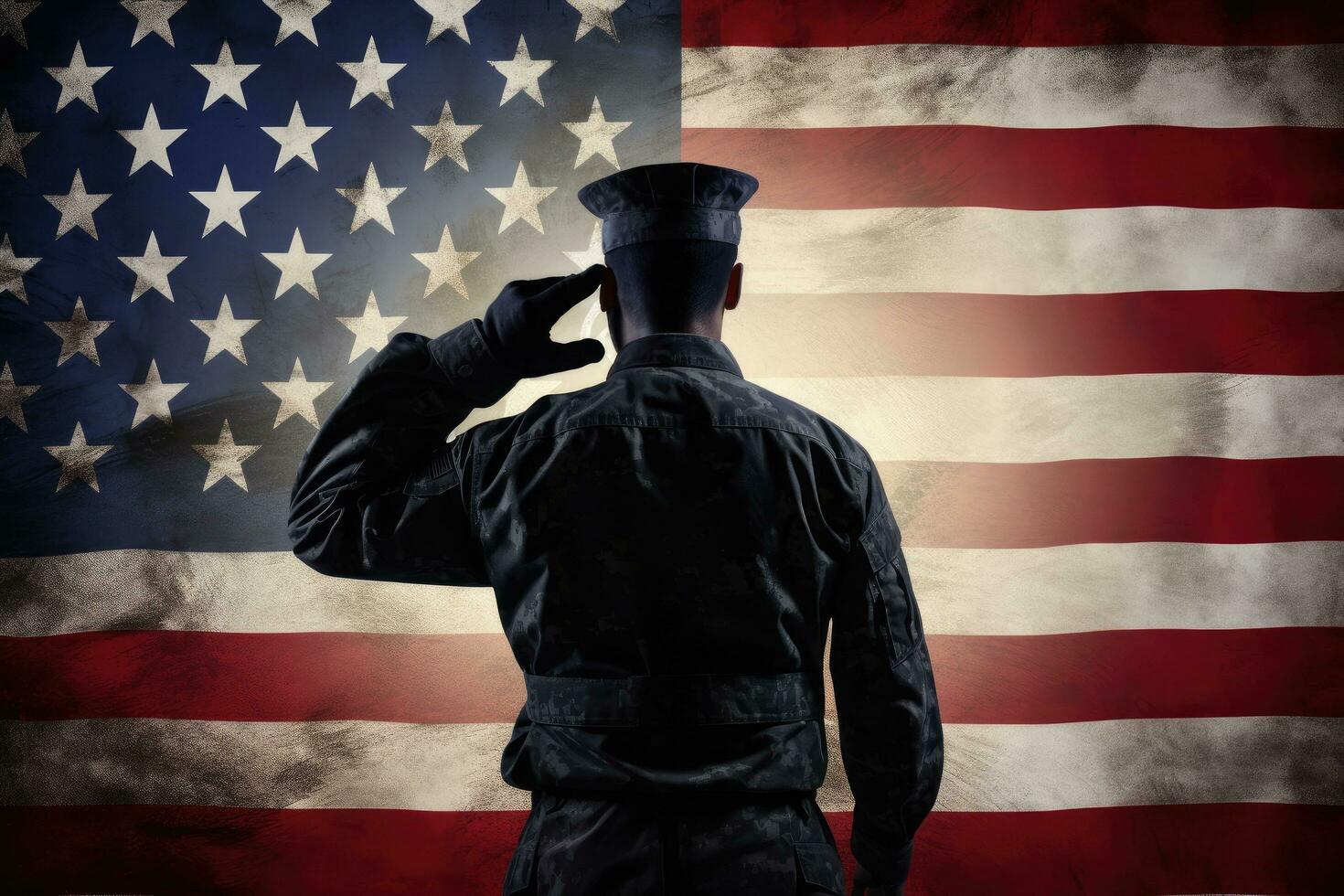 Soldier saluting in front of the american flag, back view, Silhouette of a man saluting on the background of the American flag, AI Generated photo