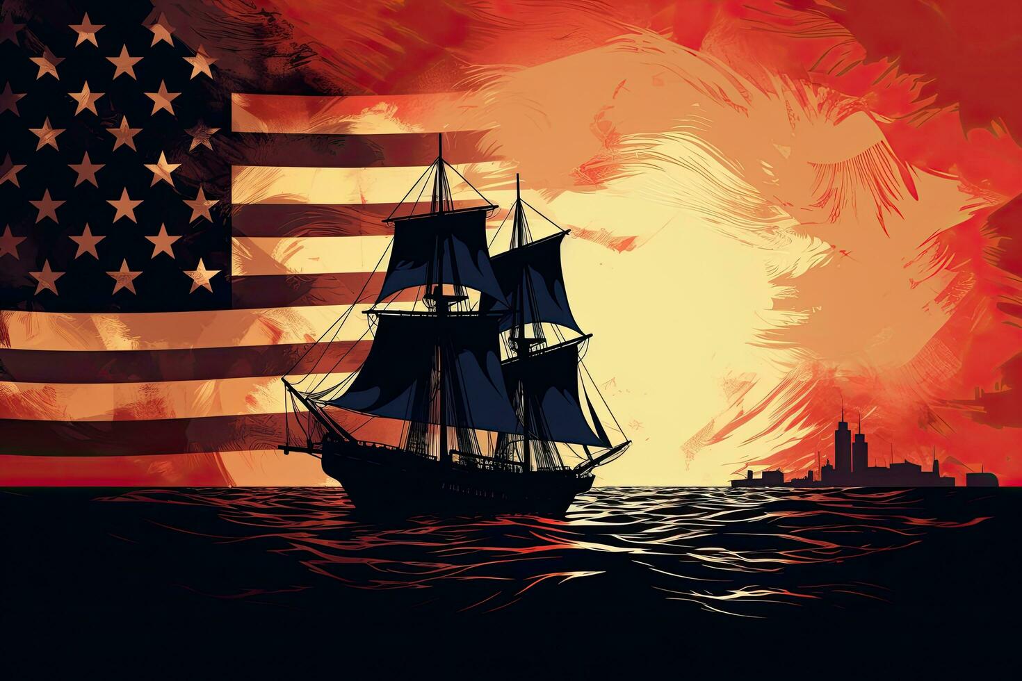 pirata Embarcacion en el antecedentes de el americano bandera. vector ilustración, silueta de un velero en el antecedentes de el americano bandera, ai generado foto