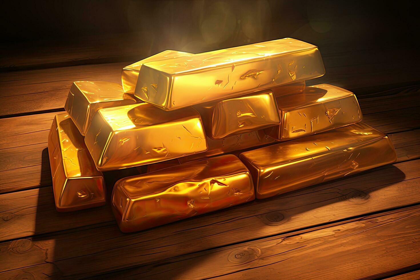 Stack of gold bars on wooden table, 3d render illustration, Shiny and glowing gold bars on a wooden surface, AI Generated photo