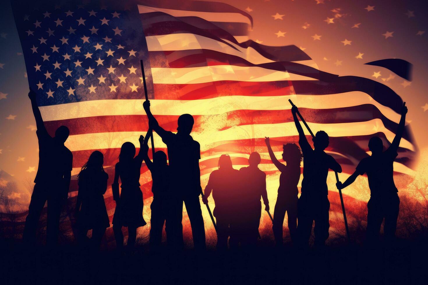 Silhouette of a group of people on the background of the American flag, Silhouette of Guys and girls waving American flags, AI Generated photo