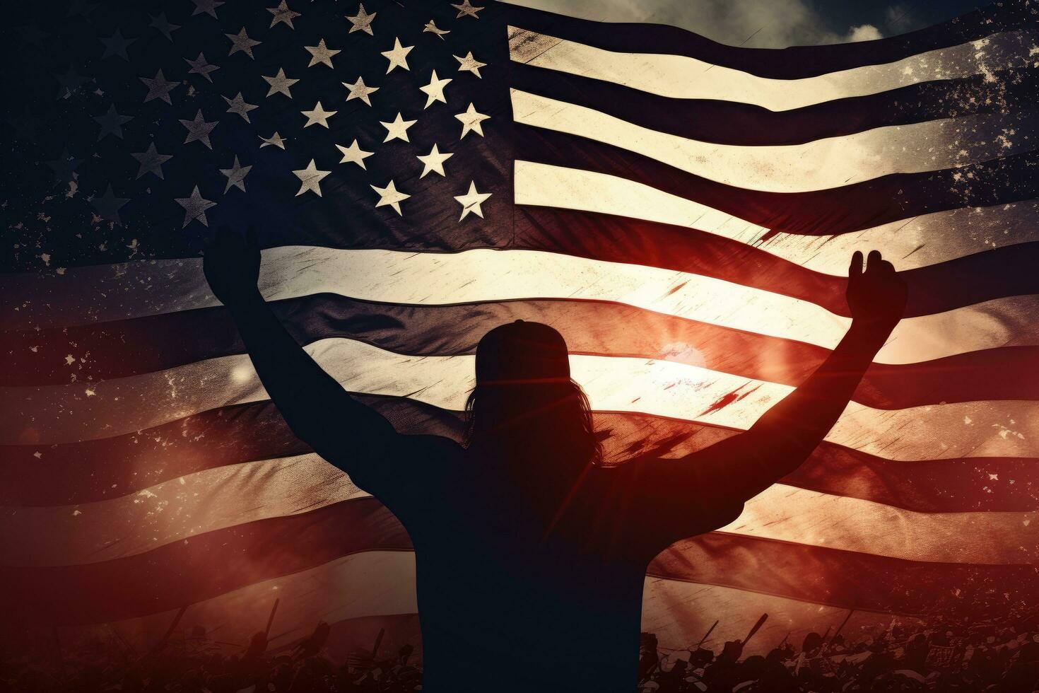 Silhouette of a man with raised hands against digitally generated american flag, Silhouette of arms raised waving a USA flag with pride, AI Generated photo