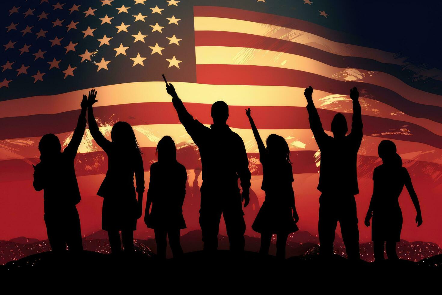 Silhouette of a group of children on the background of the American flag, Silhouette of Guys and girls waving American flags, AI Generated photo