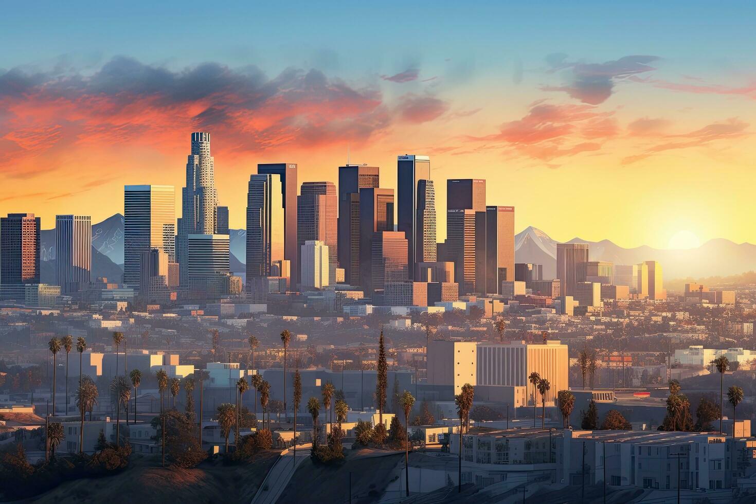 Los Angeles city skyline at sunset, California, United States of America, Skyline of Los Angeles at sunrise, California, USA. 3D rendering, AI Generated photo