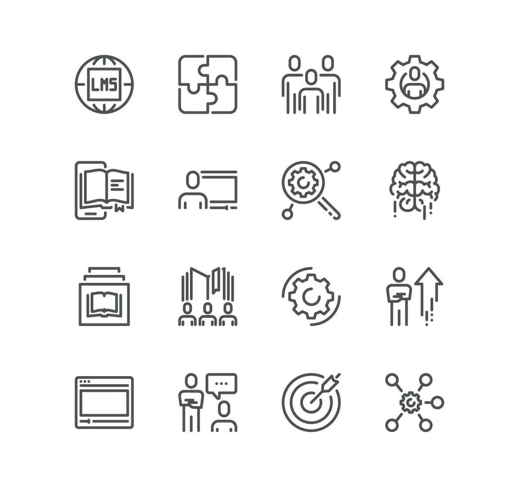 Set of learning management system related icons, skills testing, video conferencing, gamification, data tracking, performance evaluation and linear variety vectors. vector