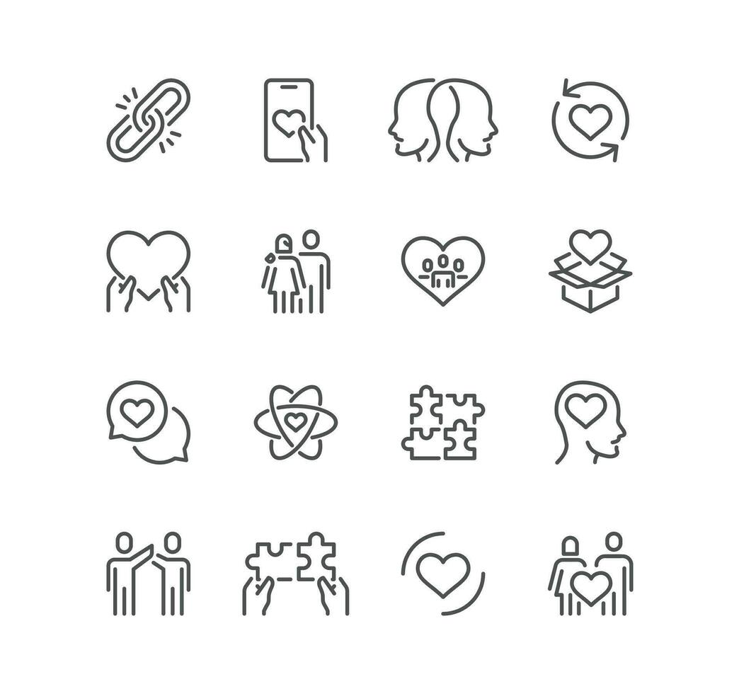 Set of friendship and charity related icons, relationship, sympathy, donation, community, support, trust and linear variety vectors. vector