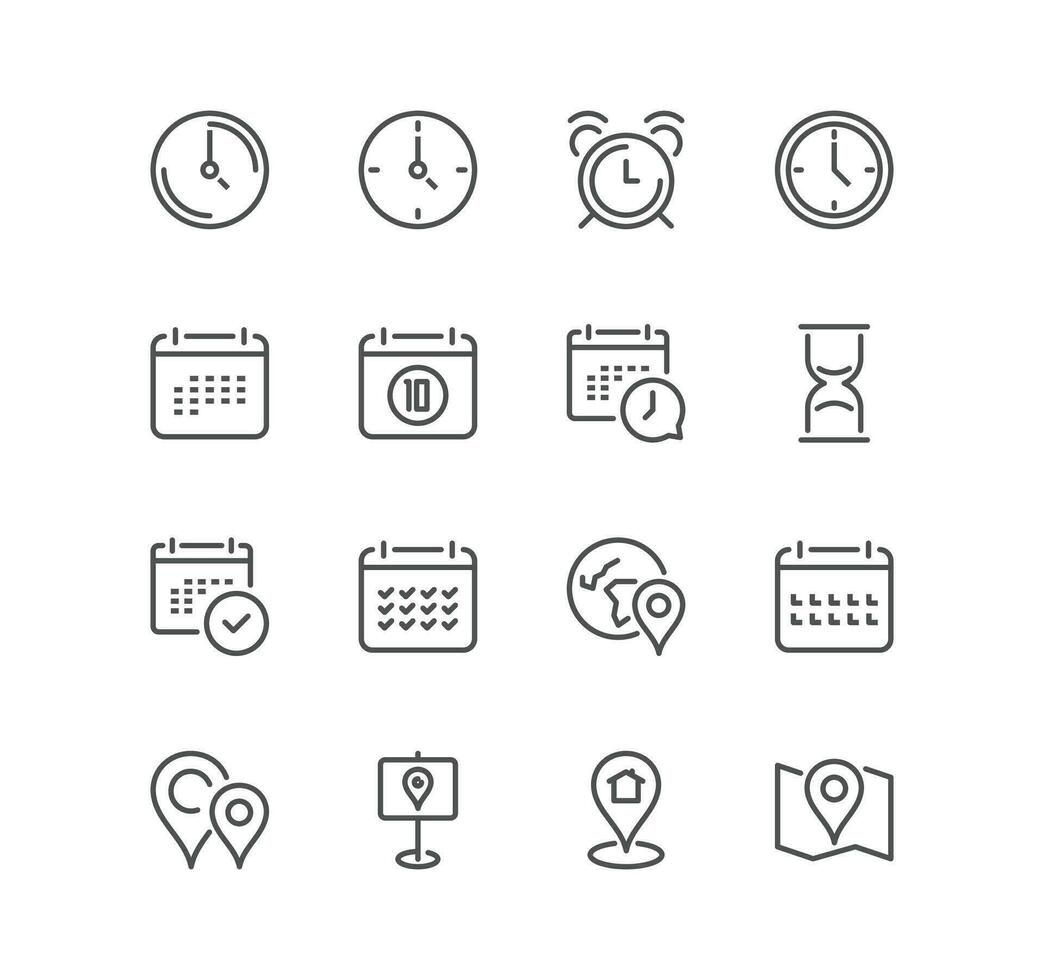 Set of time and address related icons, contact, date, countdown, schedule business and linear variety vectors. vector