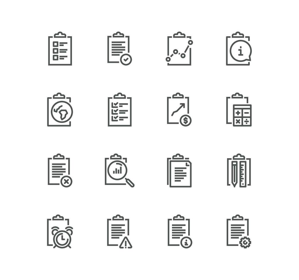 Set of clipboard related icons, checklist, report, survey, agreement, petition and linear variety vectors. vector