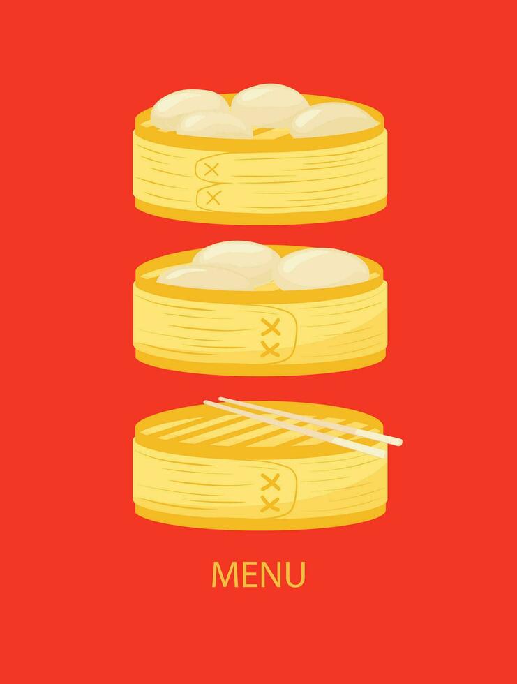 Chinese restaurant menu design.  dim sum.  Chinese dumpling in a bamboo steamer box. Vector  Illustration.  Steamed baozi dumplings a bamboo steamer.