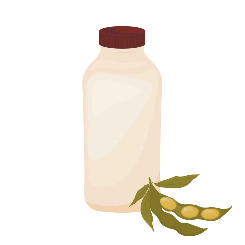 Bottles of soy milk. green soybean pod. Vector stock illustration. Legume plant. isolated on a white background.