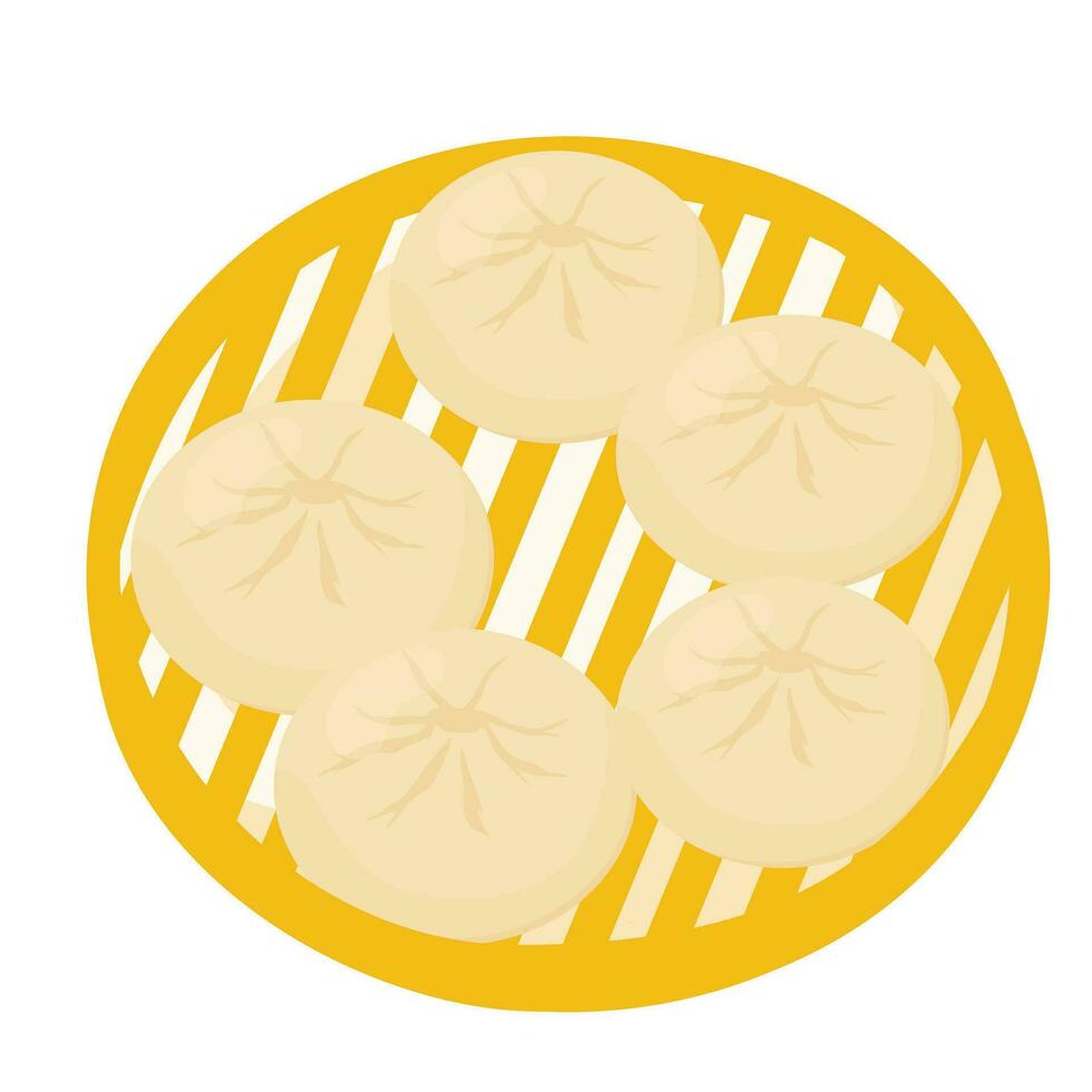 dim sum.  Chinese dumpling in a bamboo steamer box. Vector  Illustration.  Steamed baozi dumplings a bamboo steamer.  bamboo basket. Isolated on a white background.