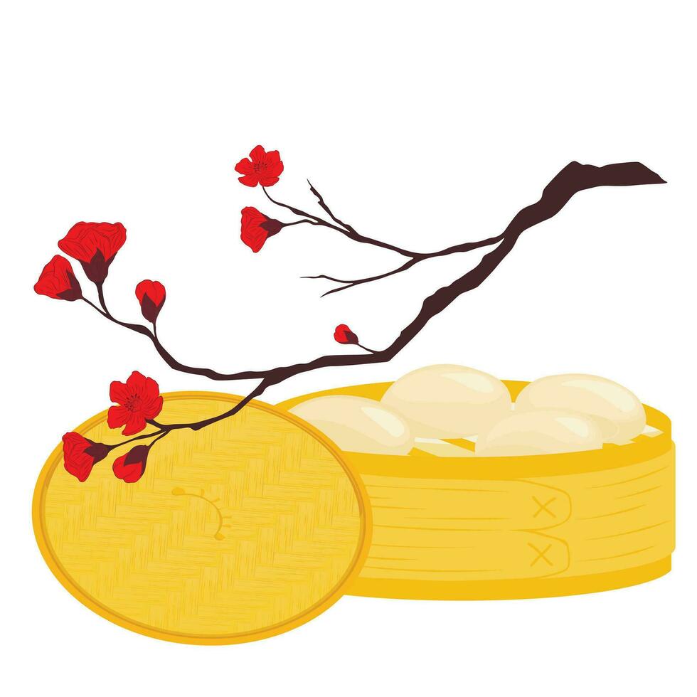 dim sum.  Chinese dumpling in a bamboo steamer box. blossom of chinese plum. Vector  Illustration.  Steamed baozi.  bamboo basket. Isolated on a white background.