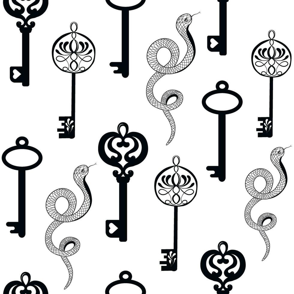 Magic keys and snakes vector illustration. Esoteric seamless pattern. a secret ornament.