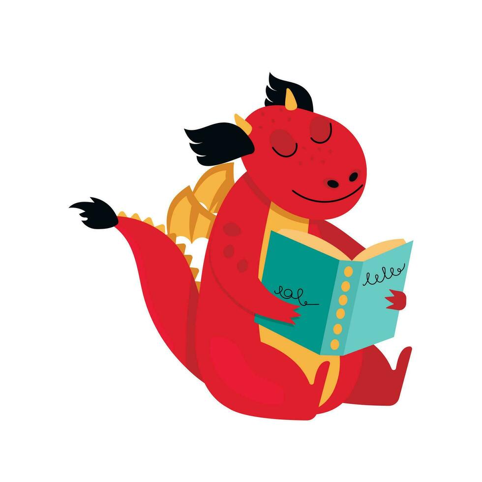 Funny dragon sits and reads a book. Vector graphic.