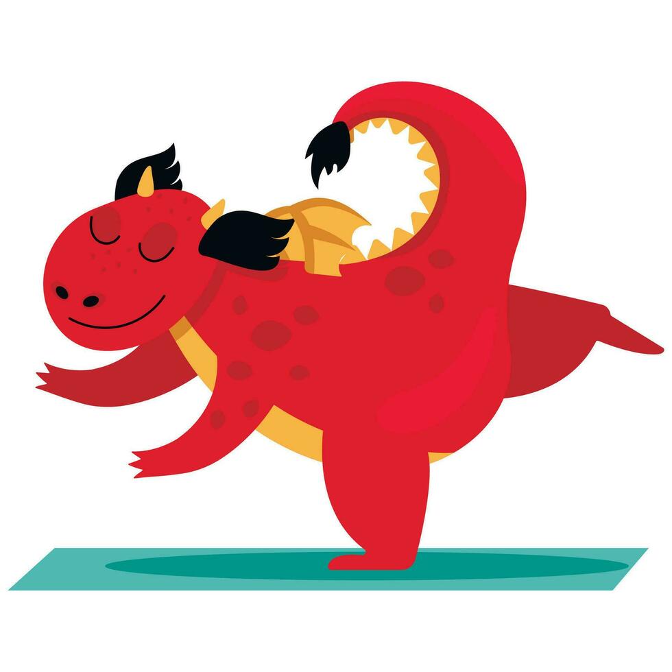 Funny dragon does yoga. Meditation. Vector graphic.