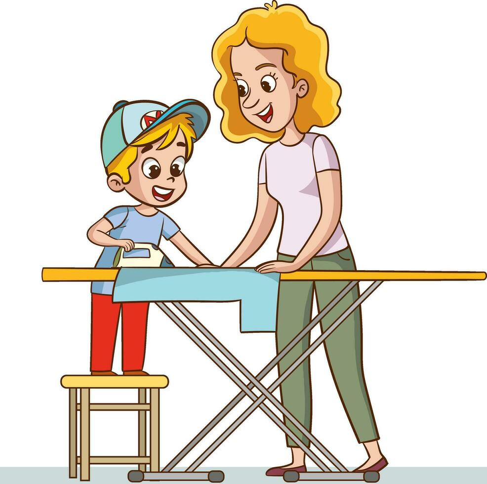 vector ilustración de pequeño niño Ayudar madre planchado limpiar ropa.madre y hijo planchado ropa en planchado tablero. vector ilustración