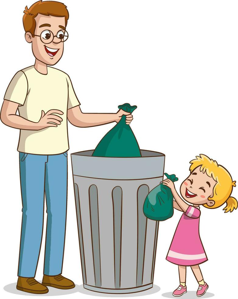 Father and his little daughter throwing garbage into a trash can together vector Illustration on a white background