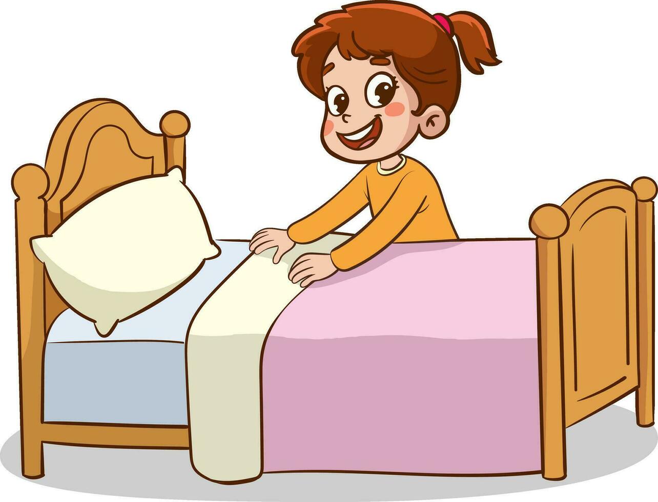 Happy little children doing housework cleaning.child making bed. vector