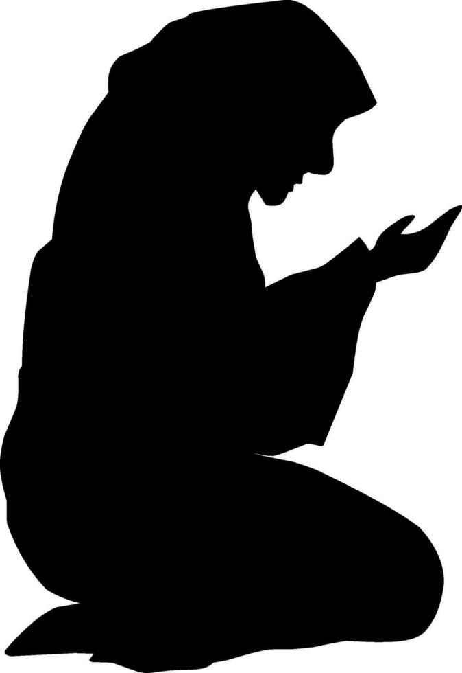 Woman muslim praying silhouette vector illustration. Woman with hijab praying icon for eid mubarak. Ramadan design graphic in muslim culture and islam religion