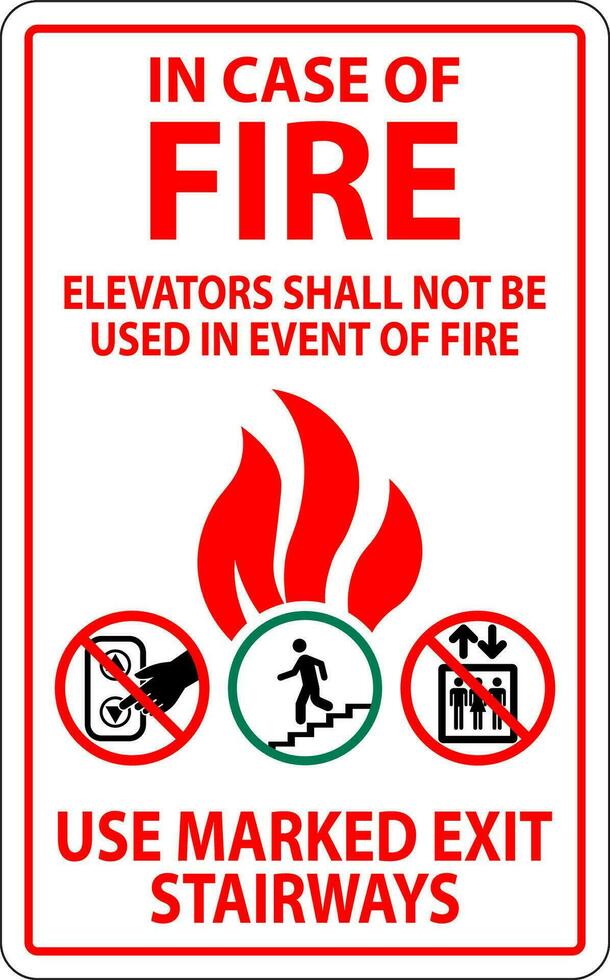 en caso de fuego firmar ascensores deberá no ser usado en evento de fuego, utilizar marcado salida escaleras vector