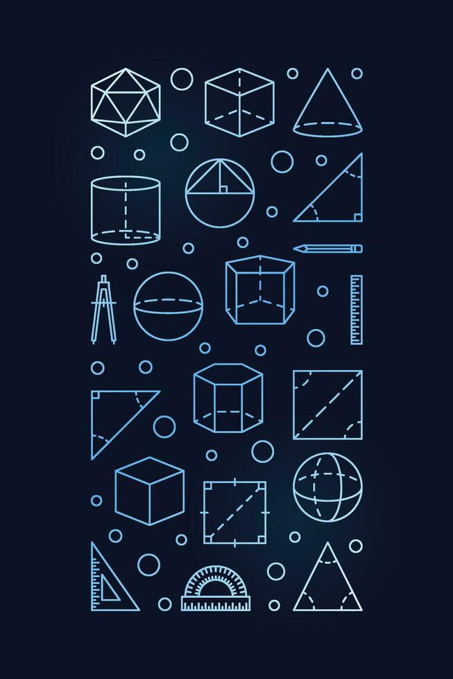 Geometry Education concept vector linear vertical blue banner. Mathematics illustration with outline Geometric Shapes symbols