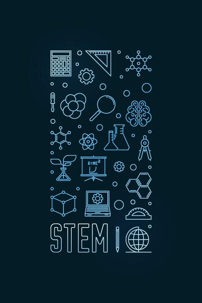 STEM - Science, Technology, Engineering and Math concept vertical blue banner. Vector linear illustration