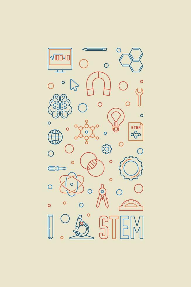 STEM - Science, Technology, Engineering and Math outline creative vertical banner. Vector linear Education illustration