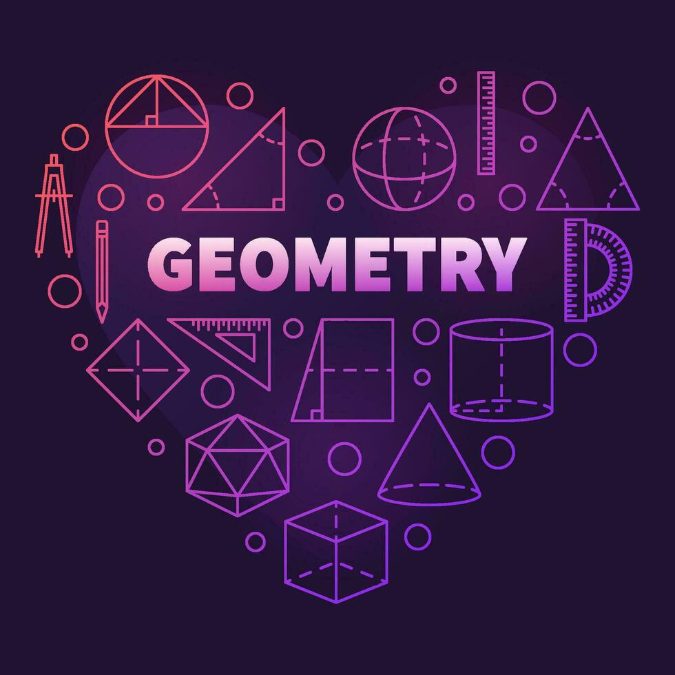 Geometry vector School Discipline concept outline heart-shaped modern colored banner. Heart with Geometric Shapes symbols illustration