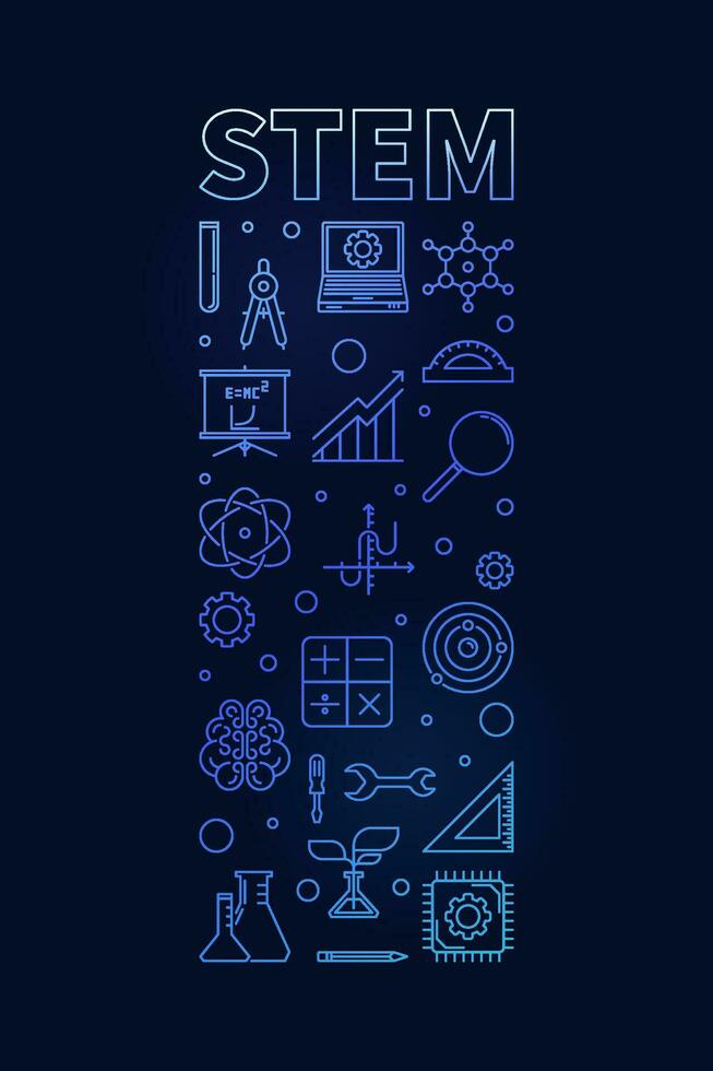 STEM vector thin line vertical blue modern banner - Science concept linear illustration